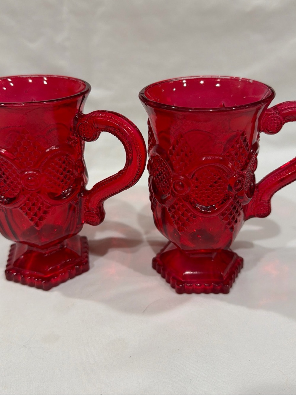 Vintage Ruby Red Pressed Glass Mugs - Pair